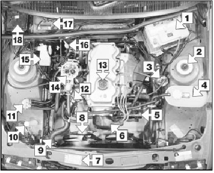 Underbonnet view of a 1989 1.8 litre (R2A) CVH model (air cleaner removed)