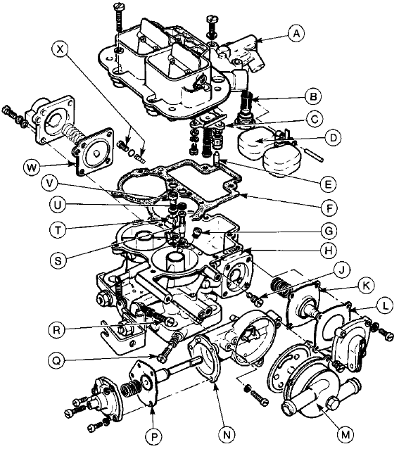 13.4c Exploded view of Weber 2V carburettor - 2.0 litre models up to 1985