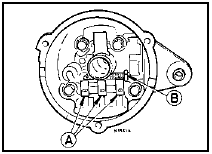 7.28 Stator-to-diode pack connections (A) and brushbox-to-diode pack terminal