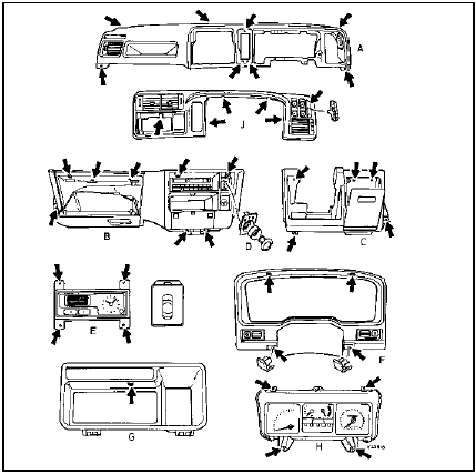 43.19 Facia components and securing screw locations (arrowed) - models from