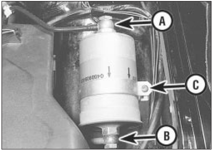 36.3 Fuel filter inlet pipe (A), outlet pipe (B) and clamp screw (C)