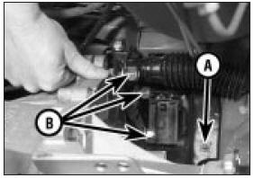 11.65a Mounting nut location (A) and bracket-to-transmission housing nuts (B)