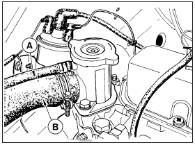 4.2 Expansion tank hose (A) and radiator top hose (B) connections at