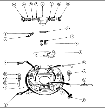 5.8a Exploded view of the rear brake assembly as fitted to early models