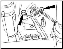 21.9 Right-hand modulator adjuster and pivot bolts (arrowed)